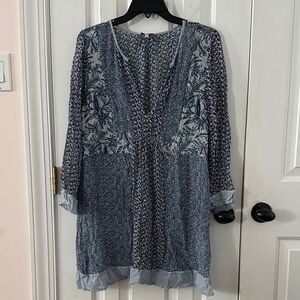 100% Silk Joie Blue Patterned BOHO Tunic Top / Dress Size Medium M